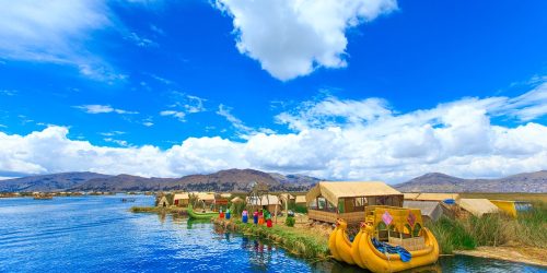 Totora boat on the Titicaca lake near Puno, Peru